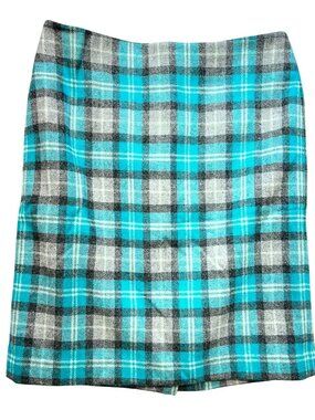 Talbots Women's Wool Blend A-Line Skirt Flat Front Back Zip Sz 4 Teal Gray Plaid